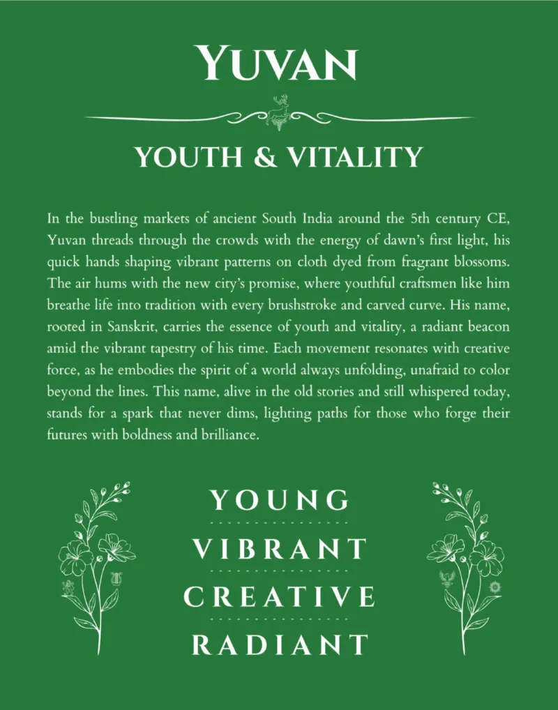 Yuvan personalized name print with origin and traits in dark green