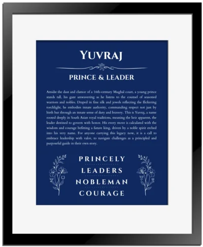 Yuvraj custom name meaning print in deep blue with black matte frame