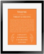 Yvette personalized wall art with the story of your name in orange with black matte frame