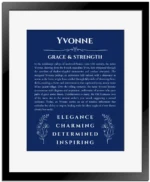 Yvonne personalized name art with origin story in deep blue with black matte frame