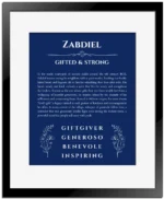 Zabdiel name origin print with meaning and traits in deep blue with black matte frame