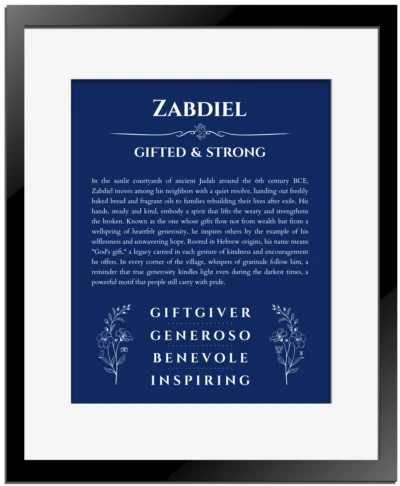 Zabdiel name origin print with meaning and traits in deep blue with black matte frame