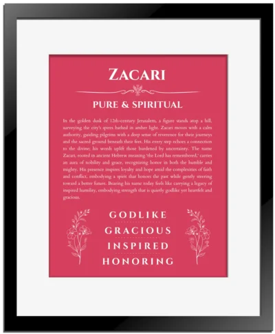 Zacari personalized name meaning print in red with black matte frame
