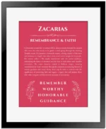 Zacarias personalized name print with origin and traits in red with black matte frame