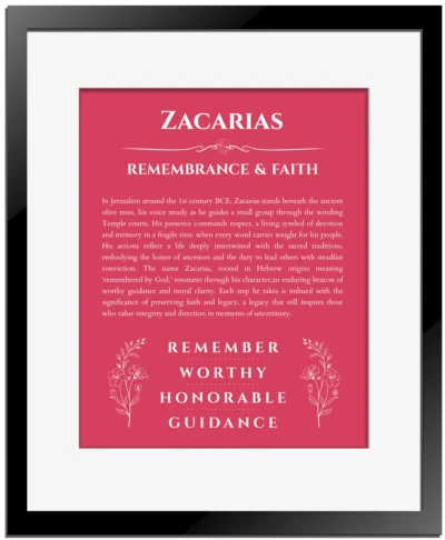 Zacarias personalized name print with origin and traits in red with black matte frame