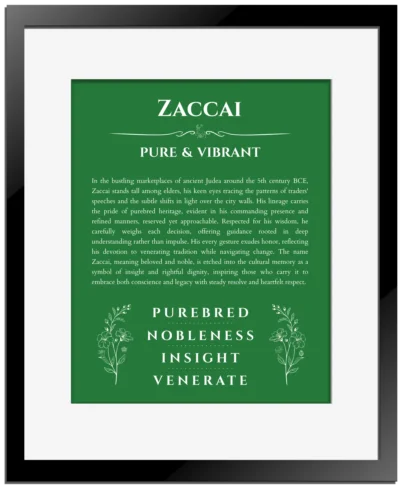 Zaccai name meaning gift print in dark green with black matte frame