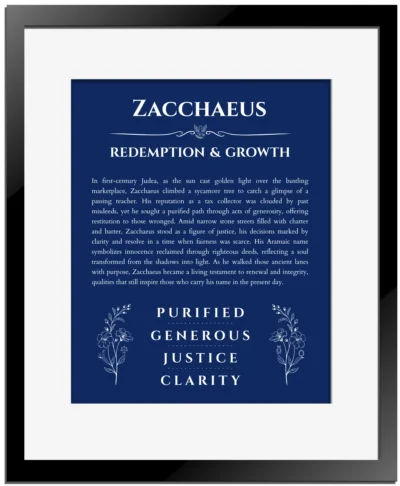 Zacchaeus name meaning gift print in deep blue with black matte frame