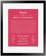 Zach personalized name meaning print in red with black matte frame