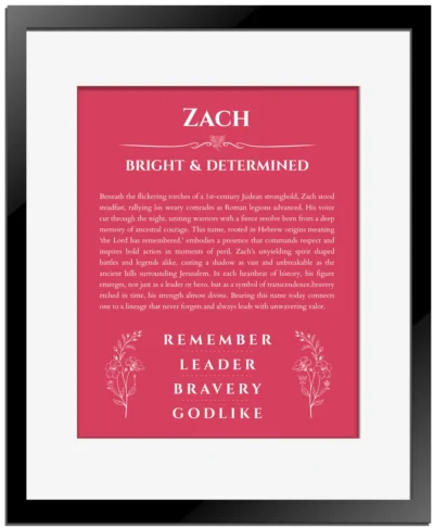 Zach personalized name meaning print in red with black matte frame