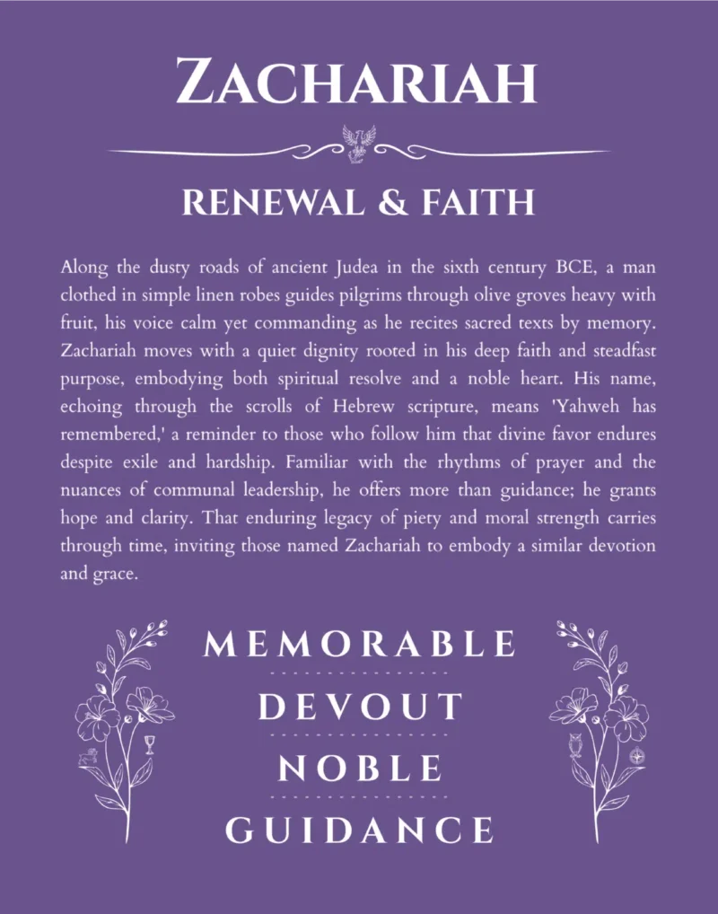 Zachariah name origin print with meaning and traits in purple
