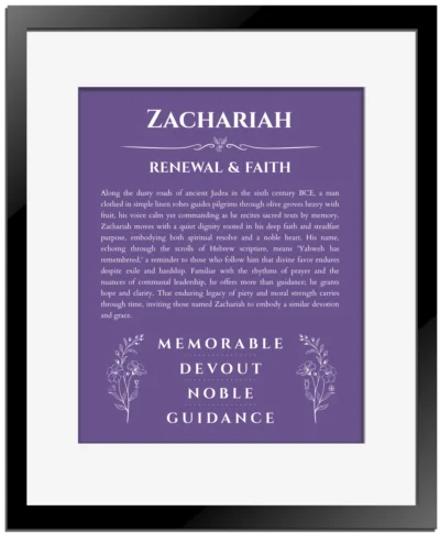 Zachariah name origin print with meaning and traits in purple with black matte frame