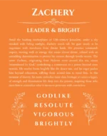 Zachery custom name art showing meaning and origin in orange