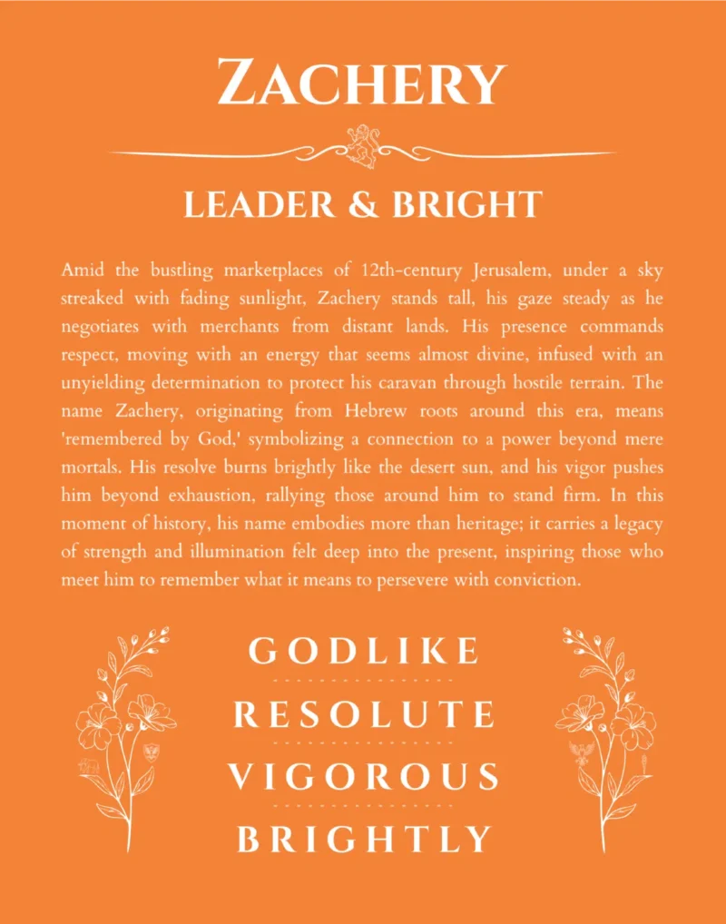 Zachery custom name art showing meaning and origin in orange