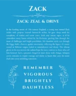 Zack custom name art showing meaning and origin in blue