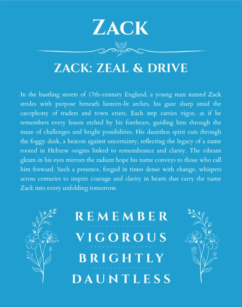 Zack custom name art showing meaning and origin in blue
