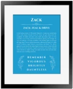 Zack custom name art showing meaning and origin in blue with black matte frame