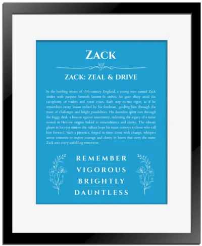 Zack custom name art showing meaning and origin in blue with black matte frame