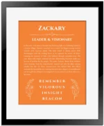 Zackary custom name print for wall display in orange with black matte frame