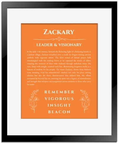 Zackary custom name print for wall display in orange with black matte frame