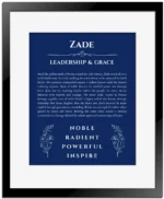Zade personalized name print with origin and traits in deep blue with black matte frame