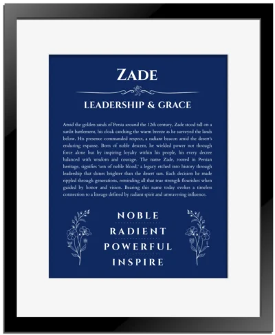 Zade personalized name print with origin and traits in deep blue with black matte frame