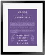 Zaden personalized name meaning print in purple with black matte frame
