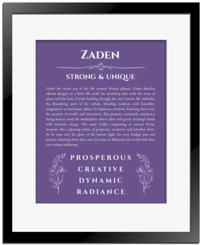 Zaden personalized name meaning print in purple with black matte frame