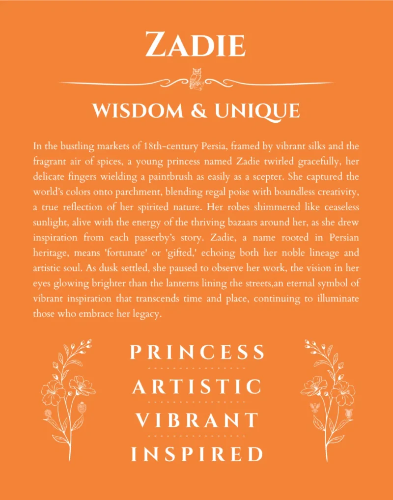 Zadie personalized name print with origin and traits in orange