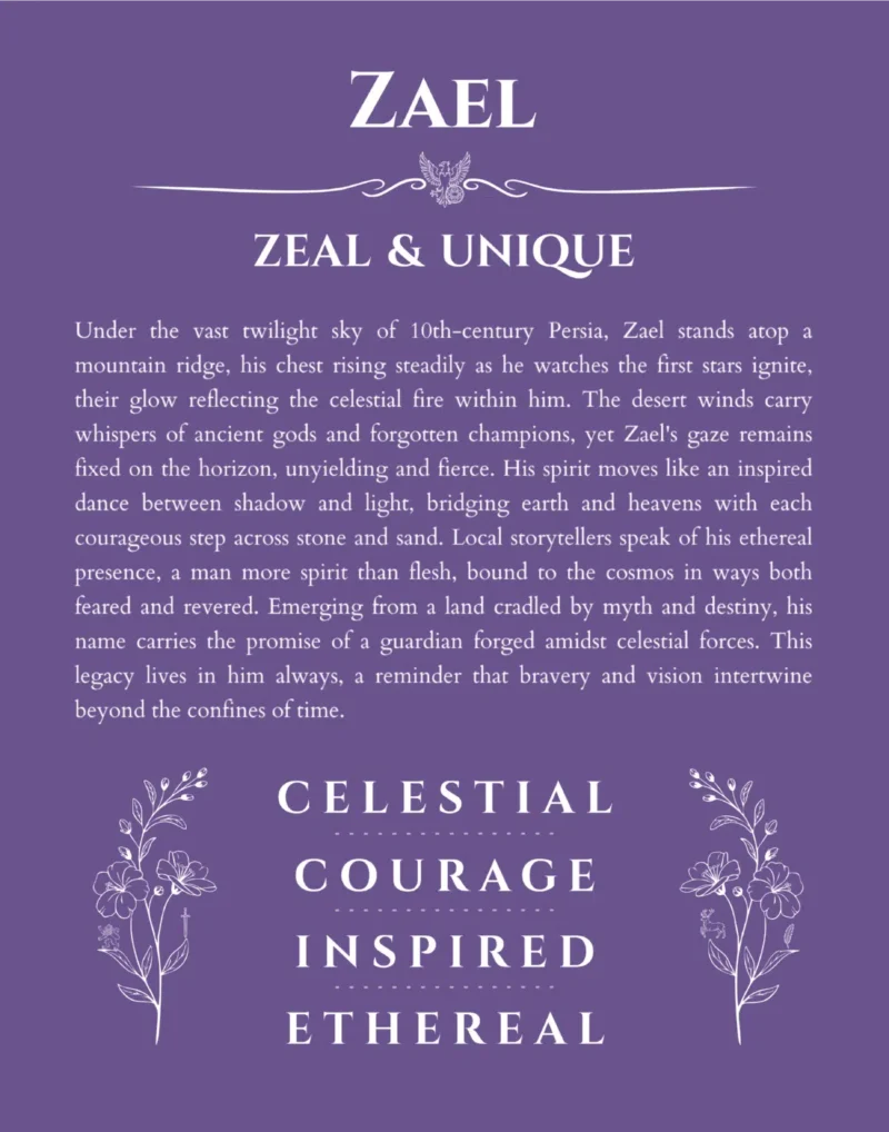 Zael name origin print with meaning and traits in purple