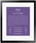 Zael name origin print with meaning and traits in purple with black matte frame