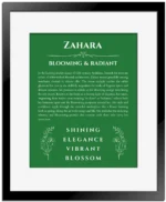 Zahara name meaning gift print in dark green with black matte frame
