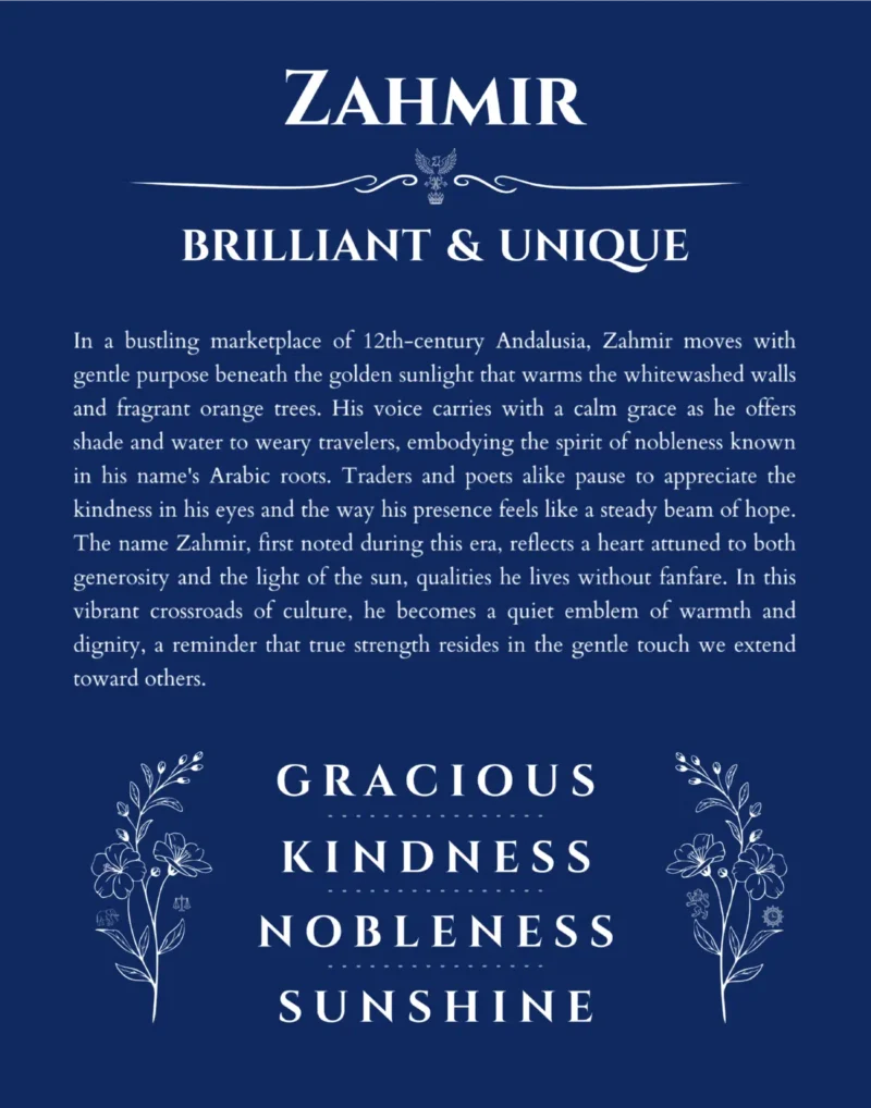 Zahmir custom name art showing meaning and origin in deep blue