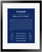 Zahmir custom name art showing meaning and origin in deep blue with black matte frame