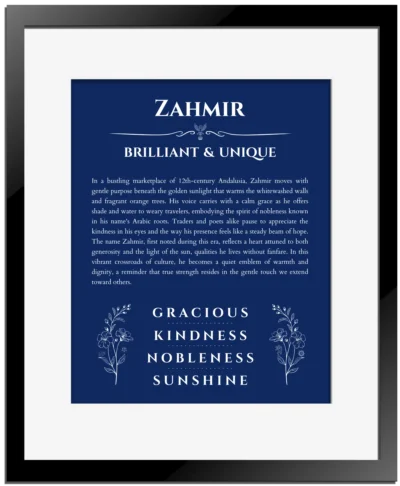 Zahmir custom name art showing meaning and origin in deep blue with black matte frame