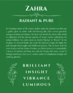 Zahra name origin print with meaning and traits in dark green