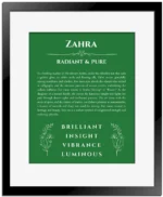 Zahra name origin print with meaning and traits in dark green with black matte frame
