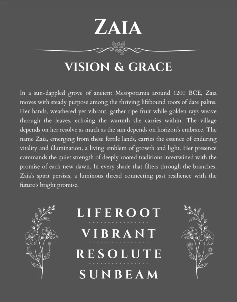 Zaia name origin print with meaning and traits in gray