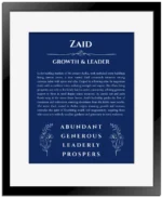 Zaid custom name print for wall display in deep blue with black matte frame