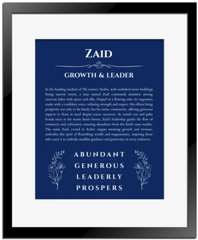 Zaid custom name print for wall display in deep blue with black matte frame