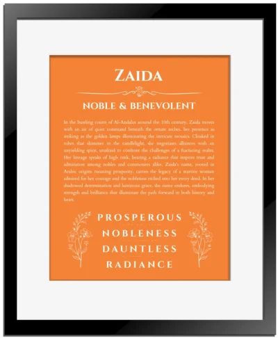Zaida custom name meaning print in orange with black matte frame