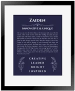 Zaiden name meaning wall art by Get Your Story in navy blue with black matte frame