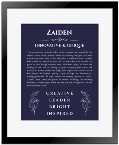 Zaiden name meaning wall art by Get Your Story in navy blue with black matte frame
