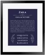 Zaila name origin print with meaning and traits in navy blue with black matte frame