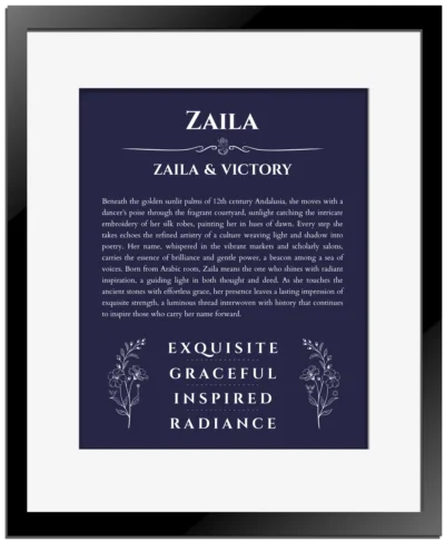 Zaila name origin print with meaning and traits in navy blue with black matte frame
