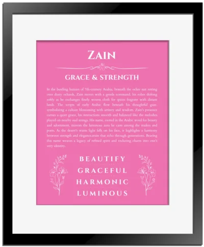Zain personalized name meaning print in pink with black matte frame