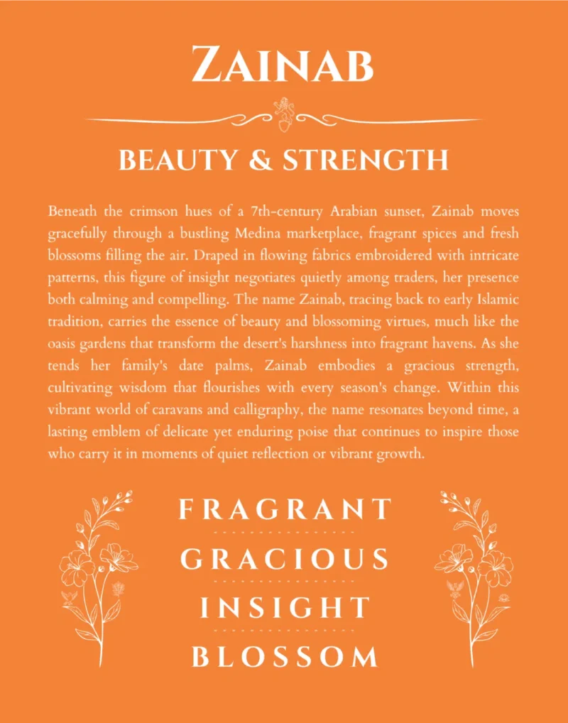 Zainab name origin print with meaning and traits in orange