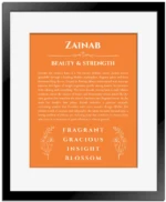 Zainab name origin print with meaning and traits in orange with black matte frame