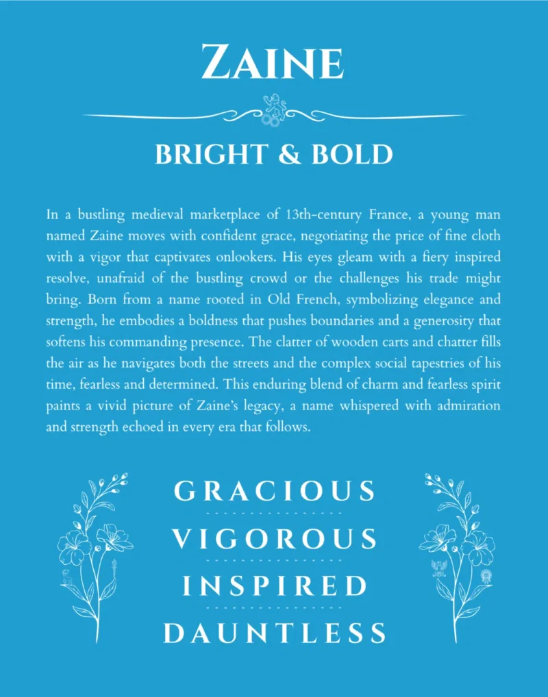 Zaine name origin print with meaning and traits in blue