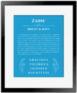 Zaine name origin print with meaning and traits in blue with black matte frame