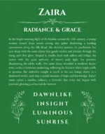 Zaira name origin print with meaning and traits in dark green